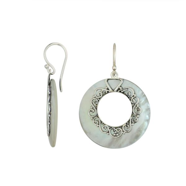 Mother Of Pearl Silver Round Filigree Earrings With Earwire For Wholesale