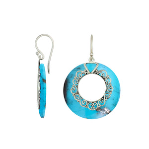 925 Sterling Silver Turquoise Shell Round Filigree Earrings