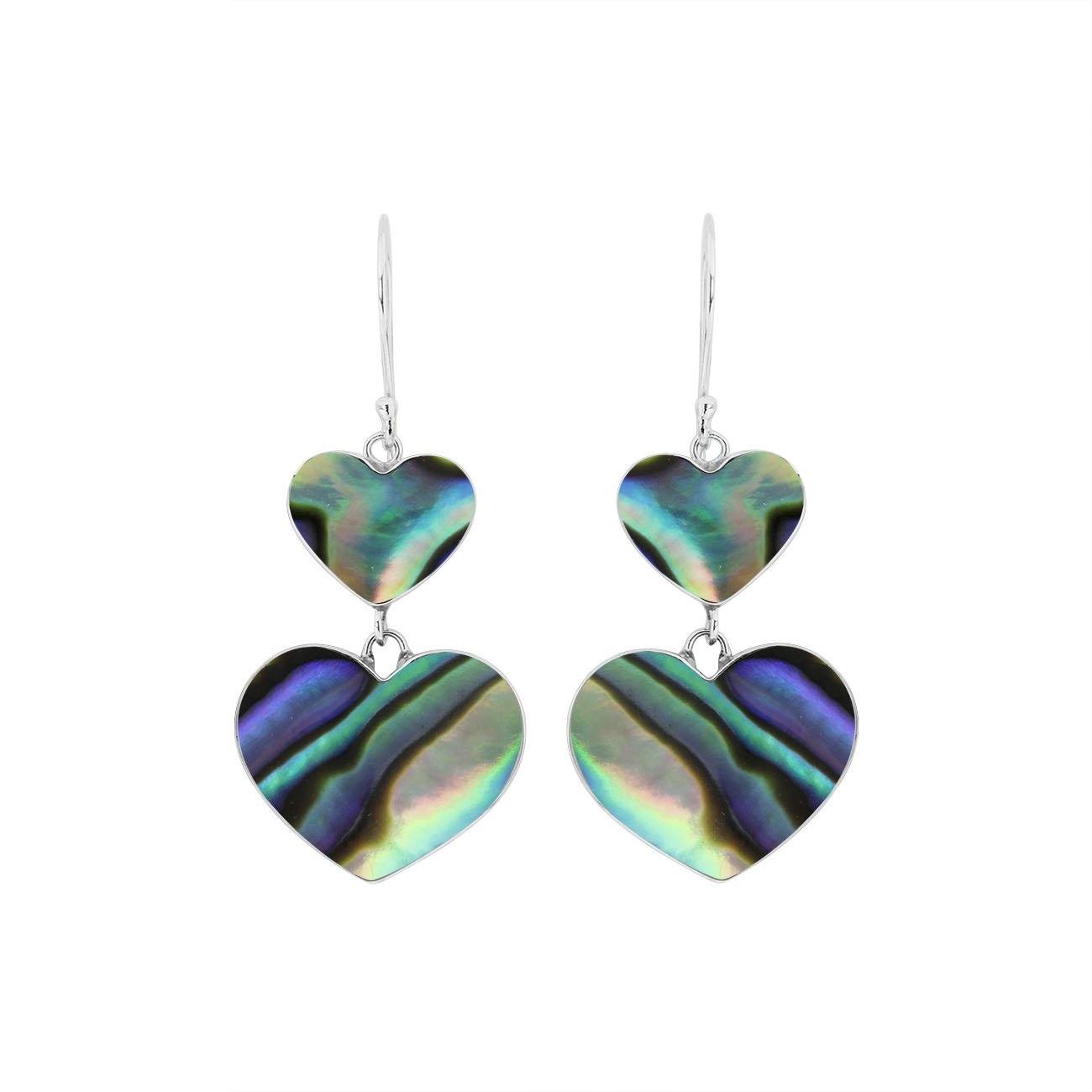 925 Sterling Silver Abalone Shell Double Heart Drop Earrings