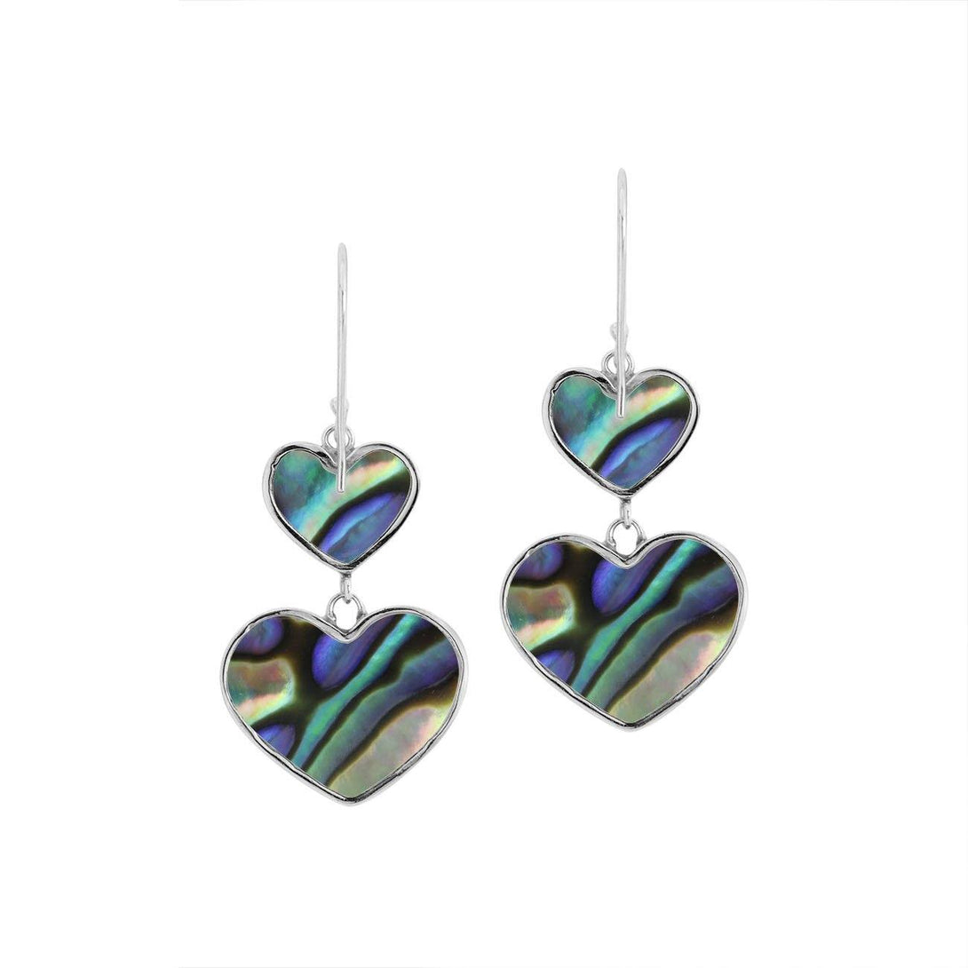 925 Sterling Silver Abalone Shell Double Heart Drop Earrings