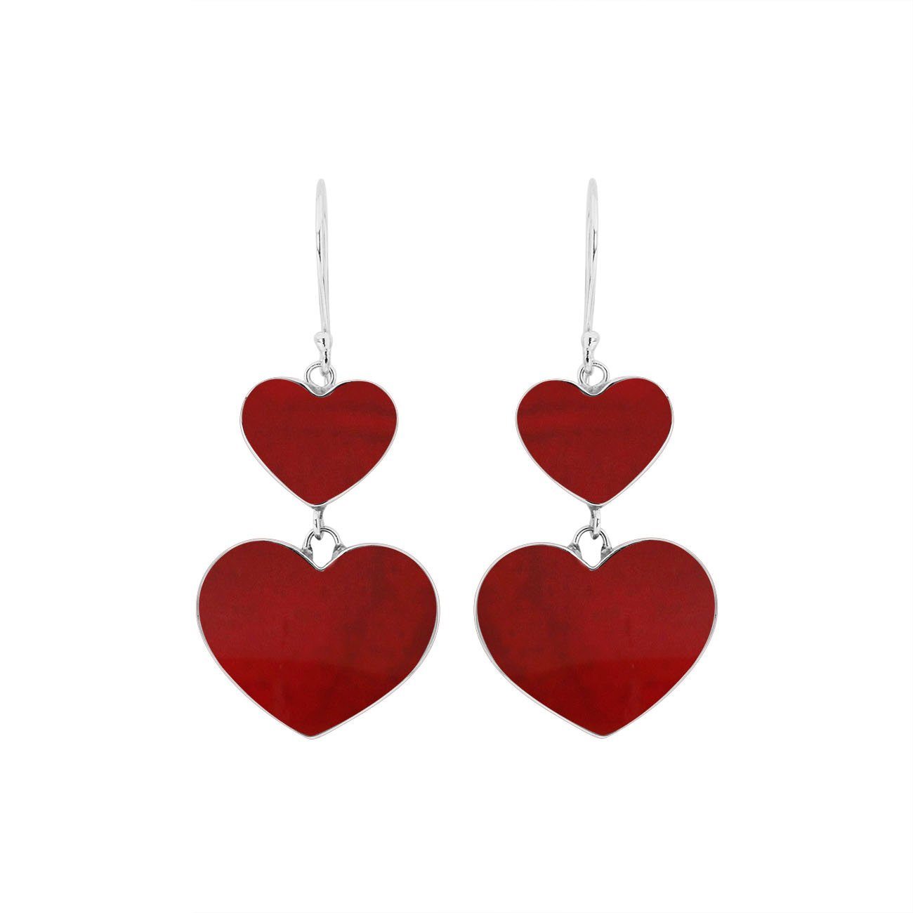 925 Sterling Silver Red Coral Double Layered Heart Earrings