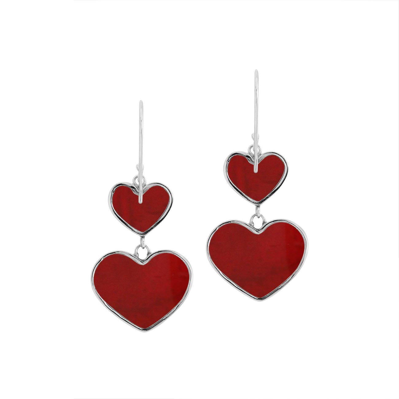 925 Sterling Silver Red Coral Double Layered Heart Earrings