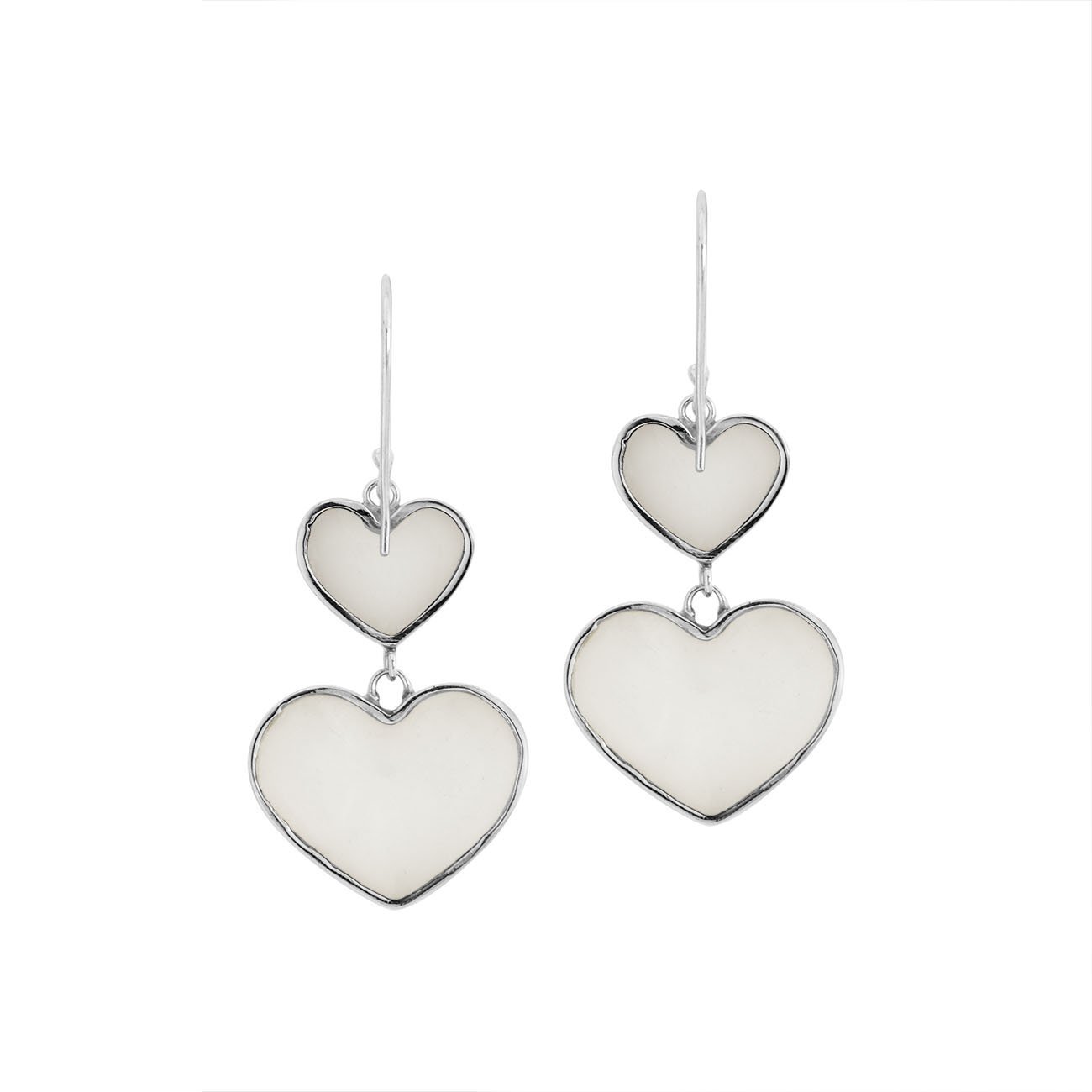 925 Sterling Silver Mother Of Pearl Double Heart Drop Earrings