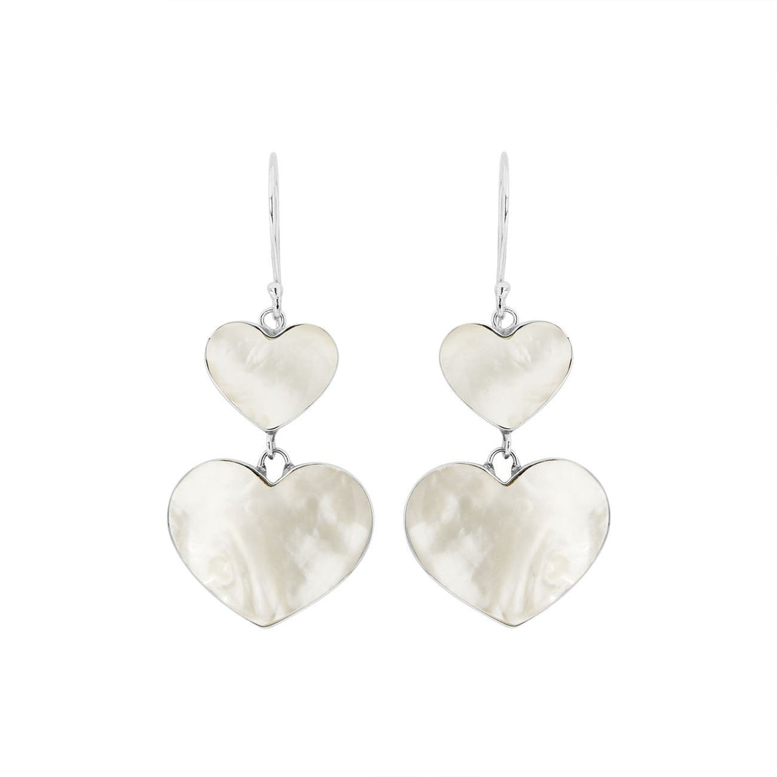 925 Sterling Silver Mother Of Pearl Double Heart Drop Earrings