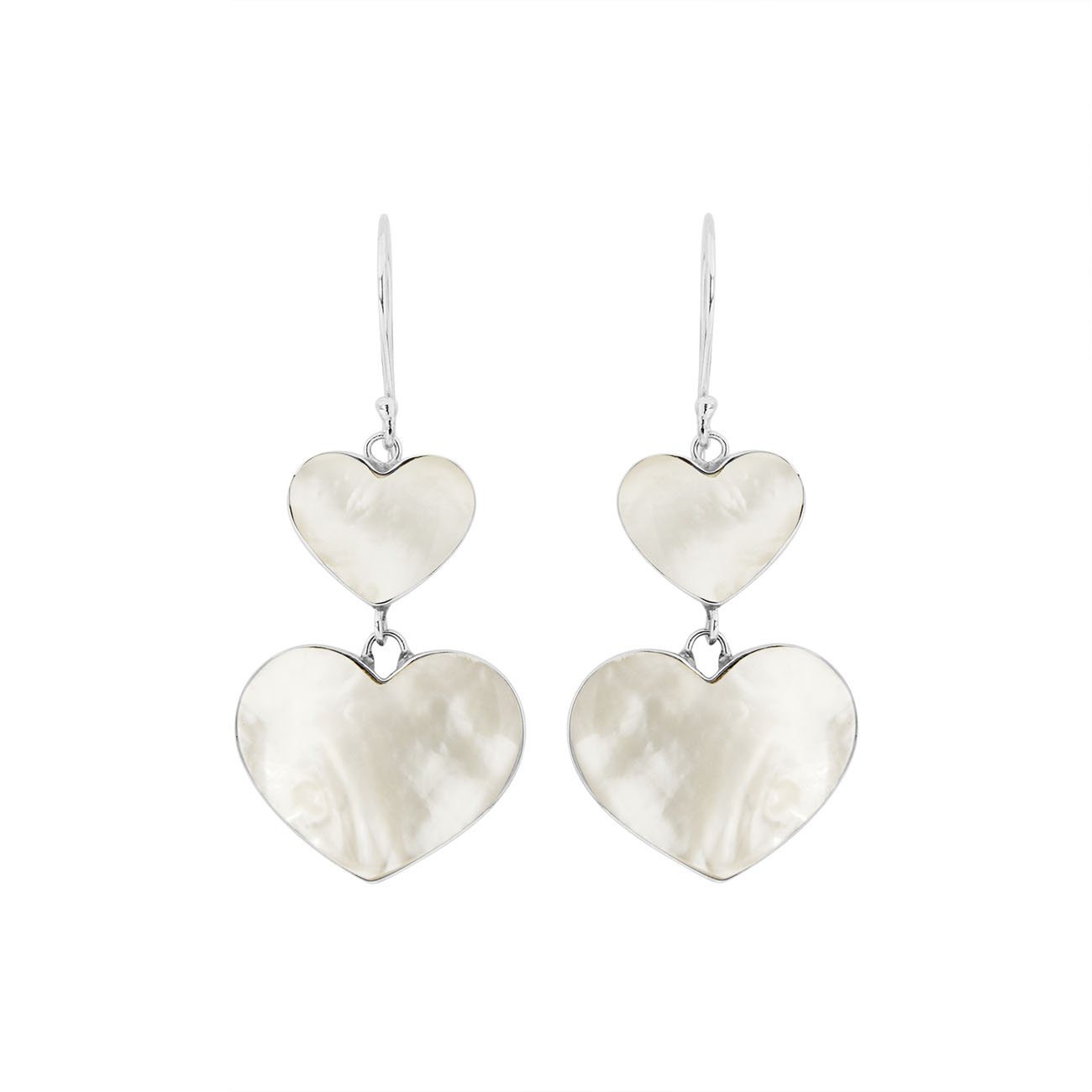 925 Sterling Silver Mother Of Pearl Double Heart Drop Earrings