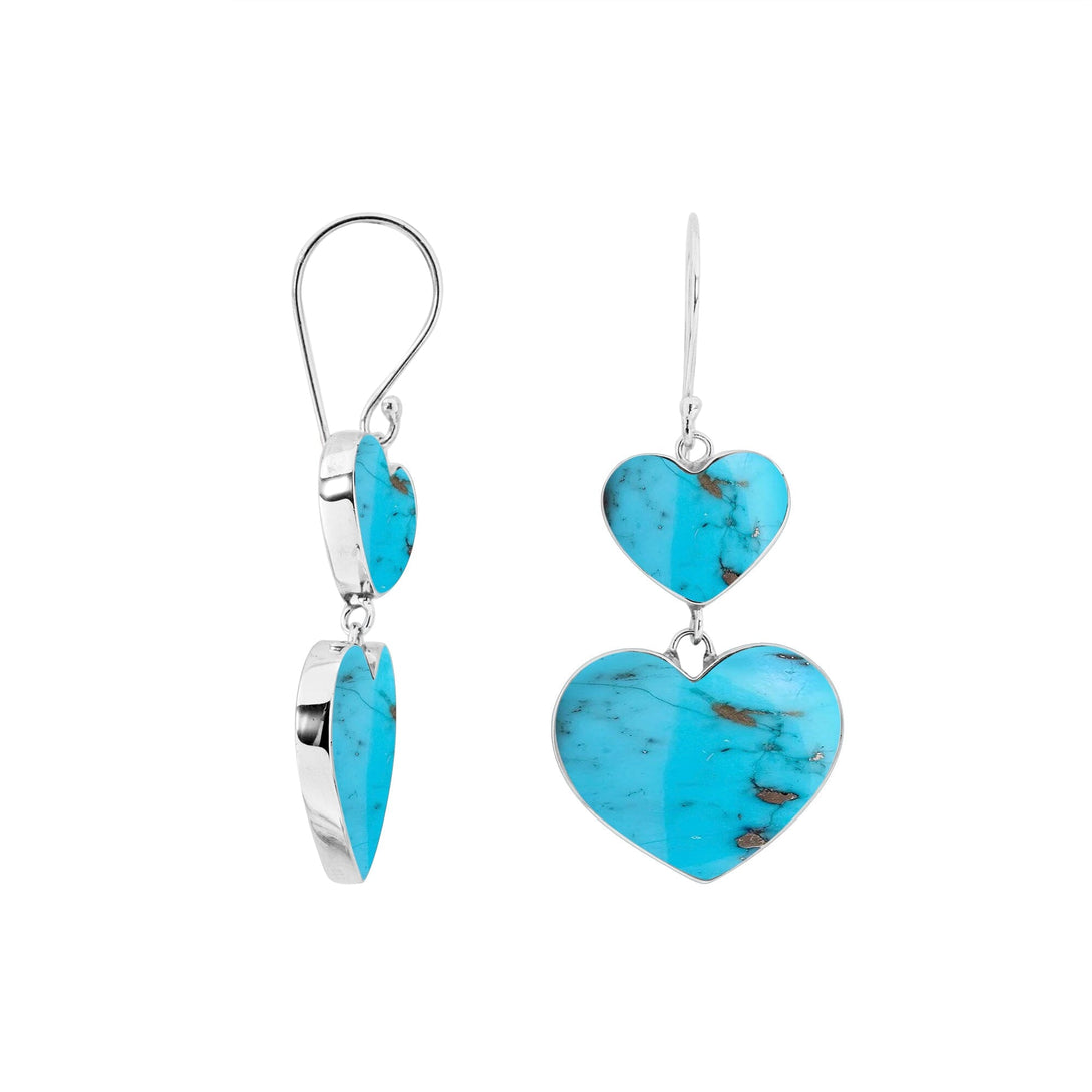 925 Sterling Silver Turquoise Shell Double Heart Drop Earrings