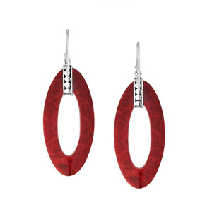 925 Sterling Silver Red Coral Elongated Oval Drop Earrings