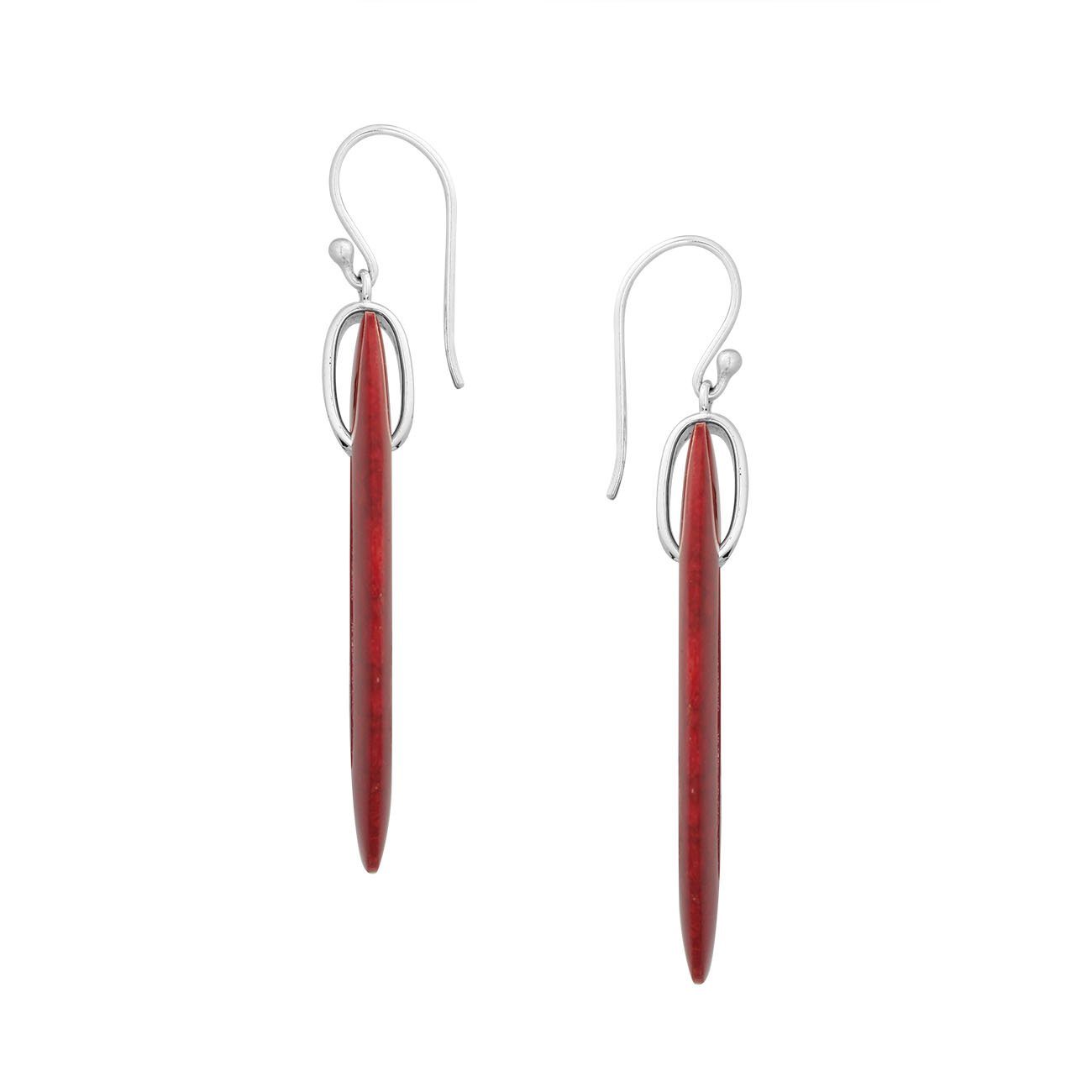 925 Sterling Silver Red Coral Elongated Oval Drop Earrings