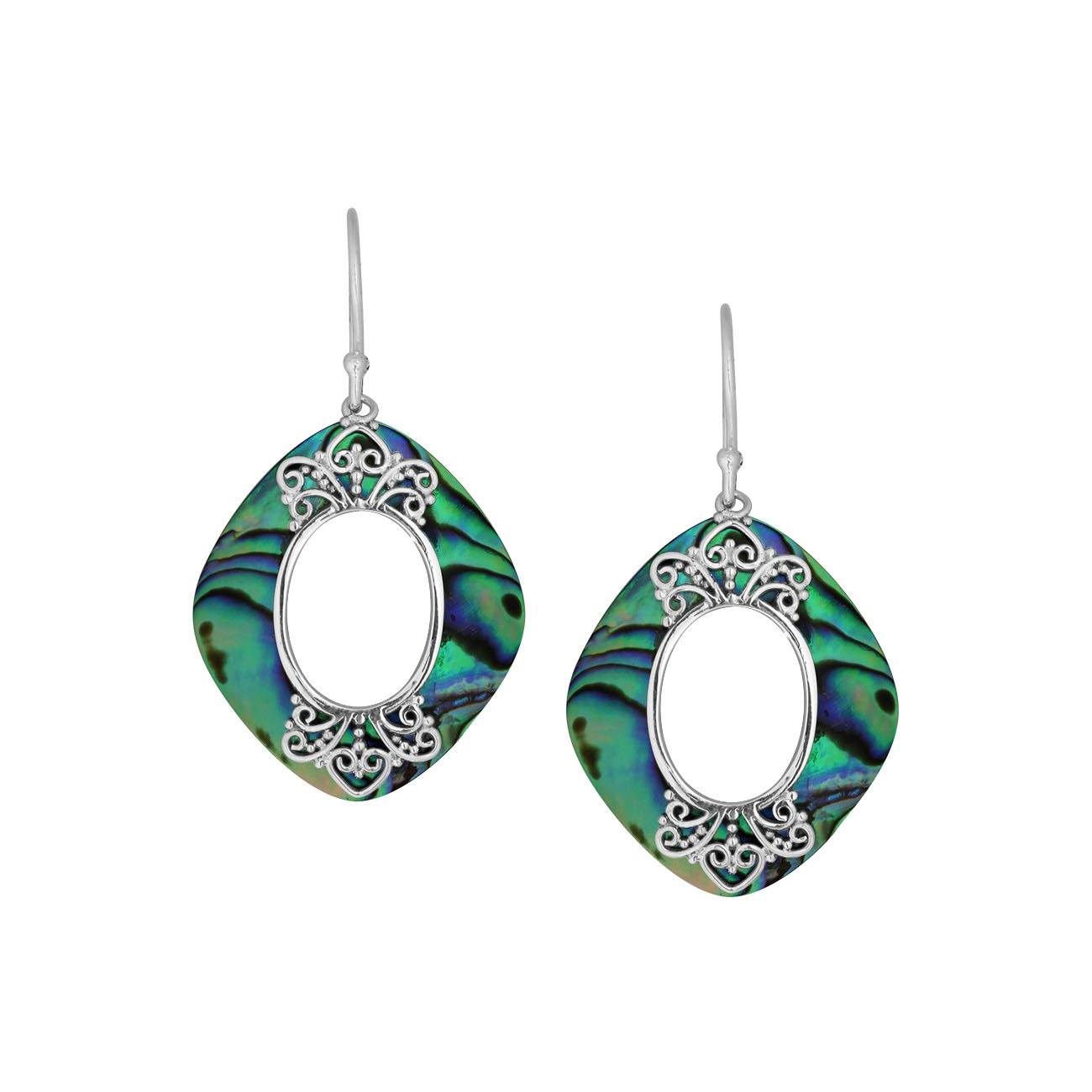 925 Sterling Silver Abalone Shell Cushion Filigree Earrings