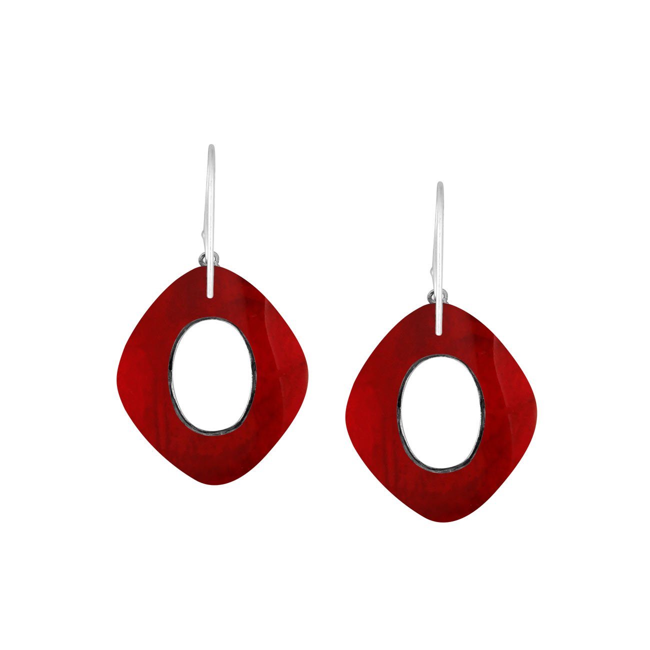 925 Sterling Silver Red Coral Cushion Filigree Earrings