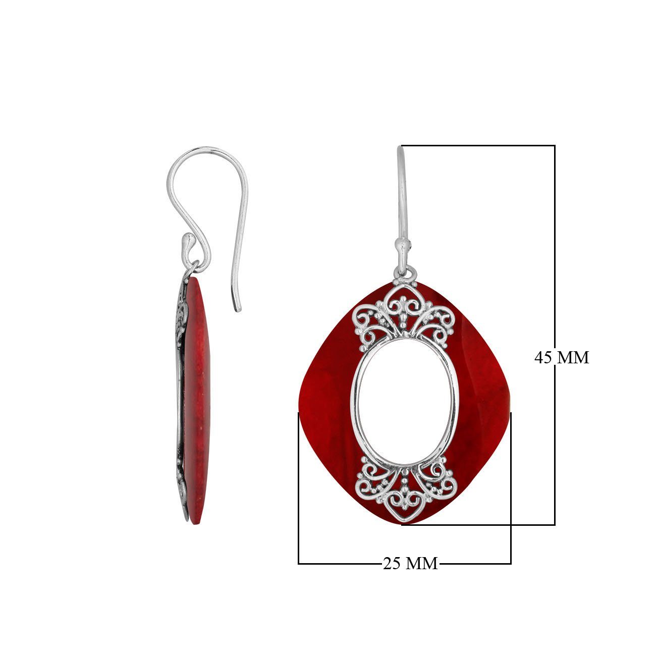 925 Sterling Silver Red Coral Cushion Filigree Earrings