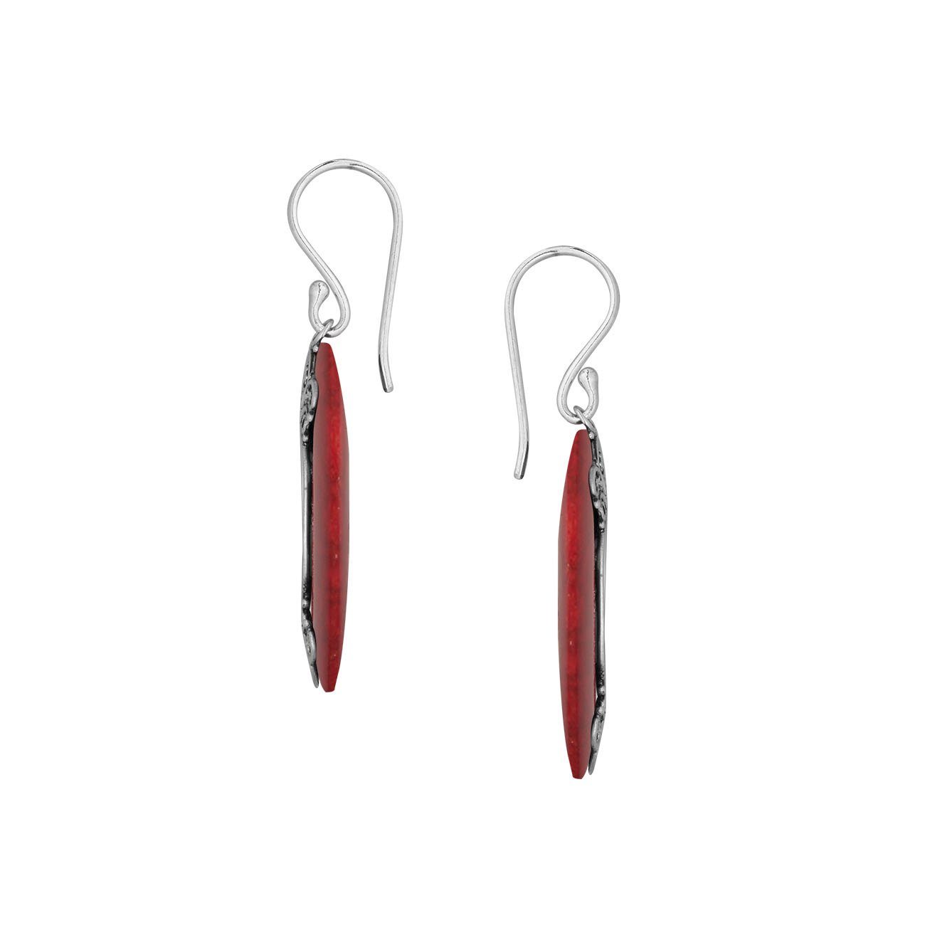 925 Sterling Silver Red Coral Cushion Filigree Earrings