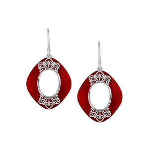 925 Sterling Silver Red Coral Cushion Filigree Earrings