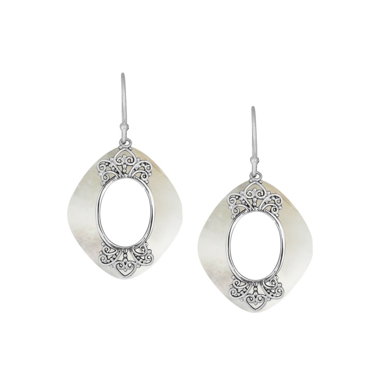 925 Sterling Silver Mother Of Pearl Cushion Filigree Earrings
