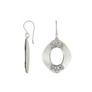 925 Sterling Silver Mother Of Pearl Cushion Filigree Earrings