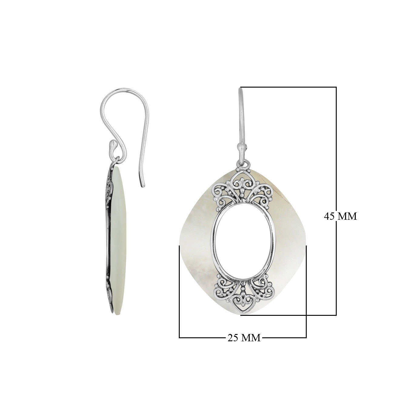925 Sterling Silver Mother Of Pearl Cushion Filigree Earrings