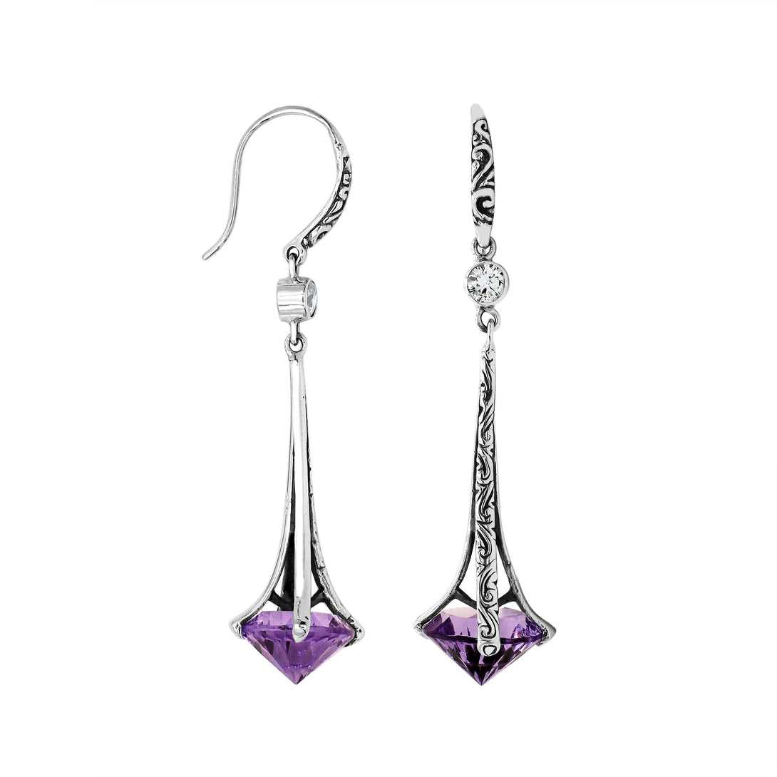 AE-1175-AM Sterling Silver Elegant Dangle Earrings With Amethyst Q. Jewelry Bali Designs Inc 