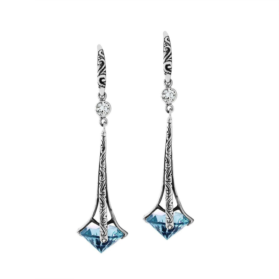 AE-1175-BT Sterling Silver Elegant Dangle Earrings With Blue Topaz Q. Jewelry Bali Designs Inc 
