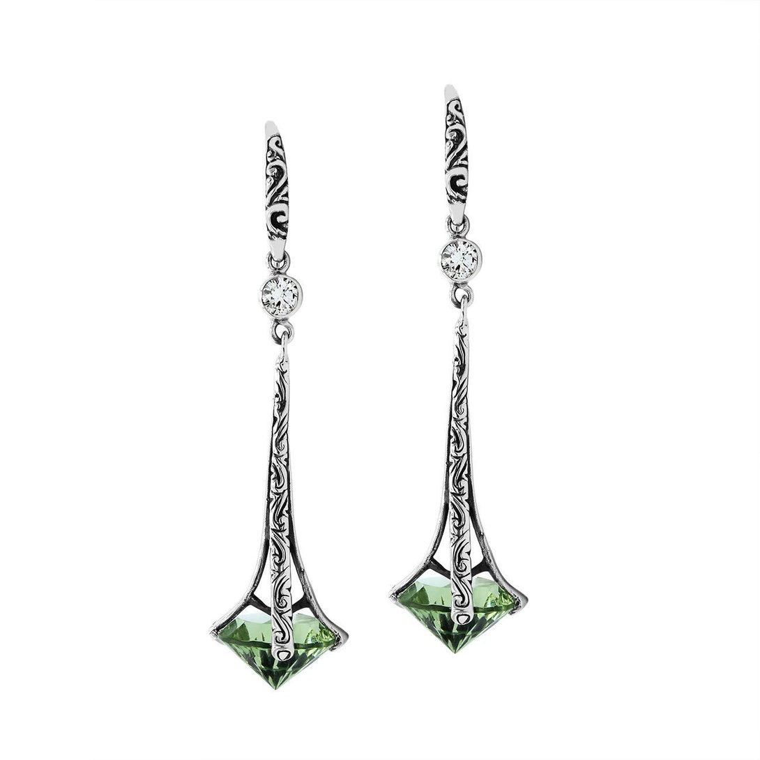 AE-1175-GAM Sterling Silver Elegant Dangle Earrings With Green Amethyst Q. Jewelry Bali Designs Inc 