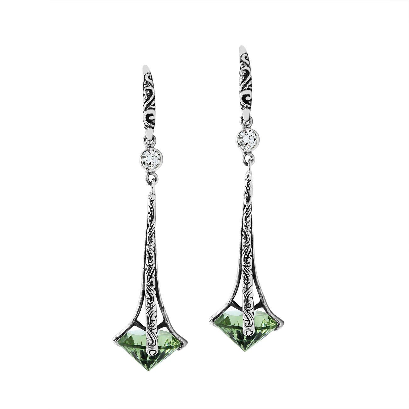 Sterling Silver Long Drop Earrings With Green Amethyst Quartz