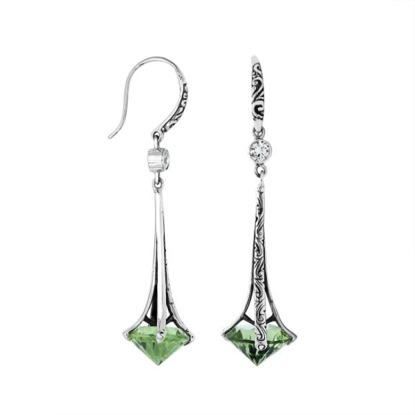 AE-1175-GAM Sterling Silver Elegant Dangle Earrings With Green Amethyst Q. Jewelry Bali Designs Inc 