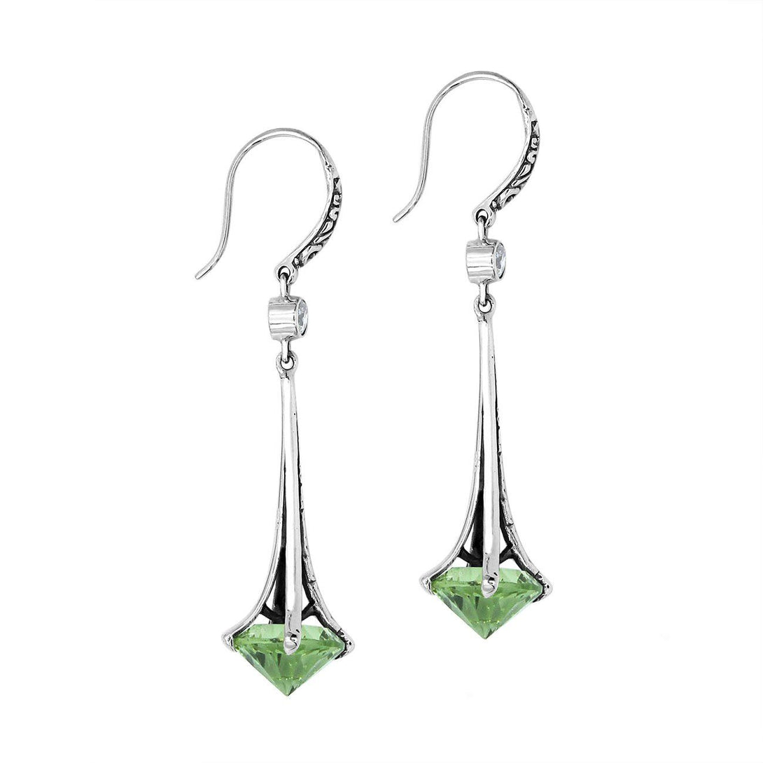 Sterling Silver Long Drop Earrings With Green Amethyst Quartz
