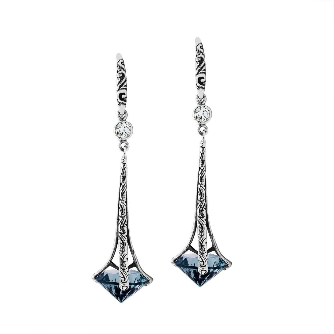 AE-1175-LBT Sterling Silver Elegant Dangle Earrings With London Blue Topaz Q. Jewelry Bali Designs Inc 