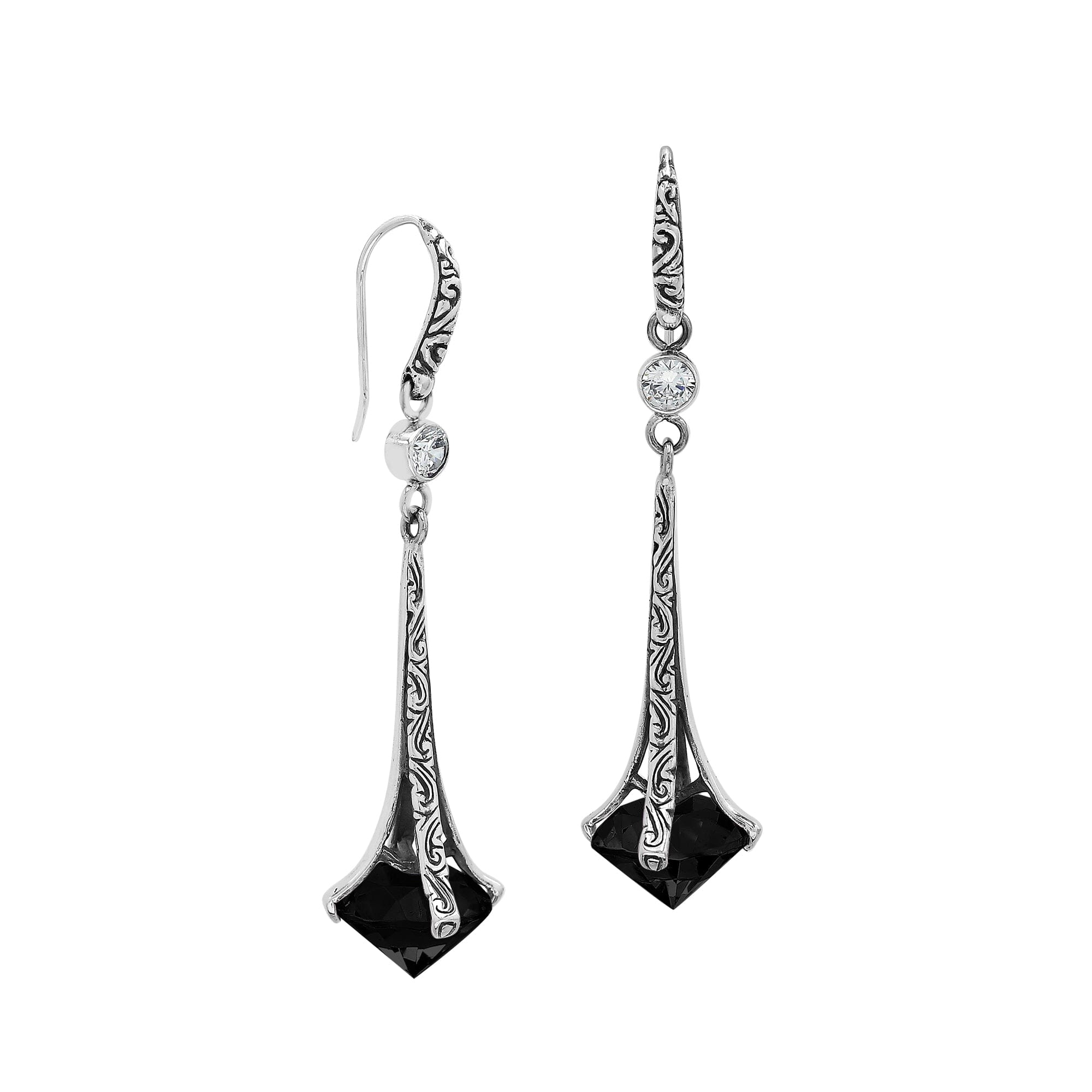 Sterling Silver Long Drop Earrings With Black Onyx