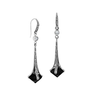 Sterling Silver Long Drop Earrings With Black Onyx