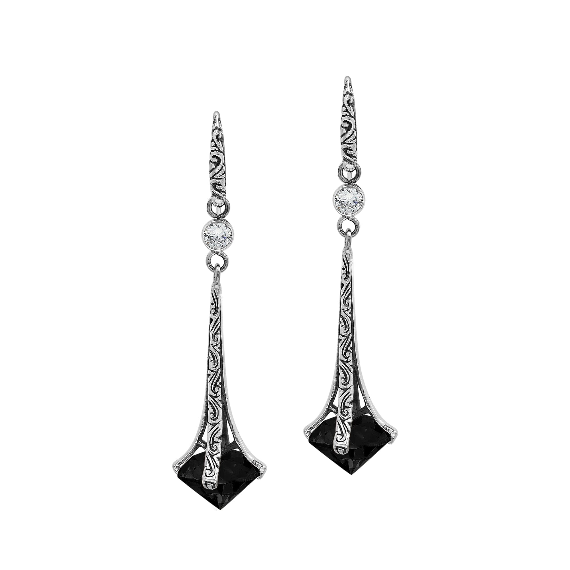 Sterling Silver Long Drop Earrings With Black Onyx