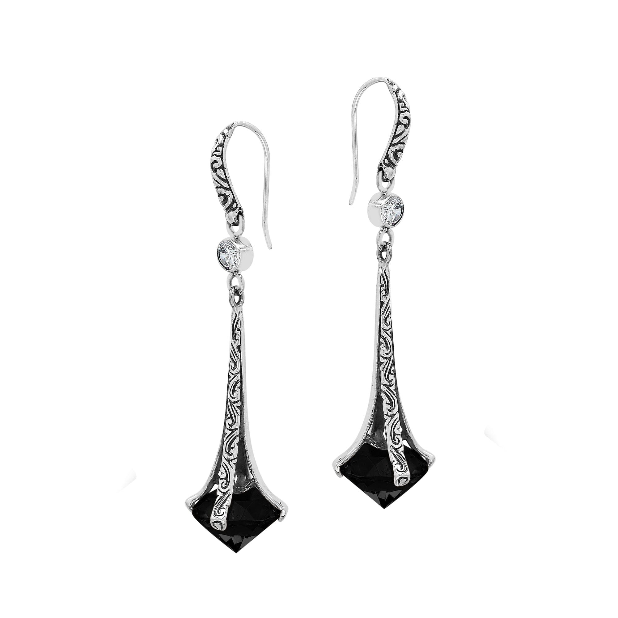 Sterling Silver Long Drop Earrings With Black Onyx