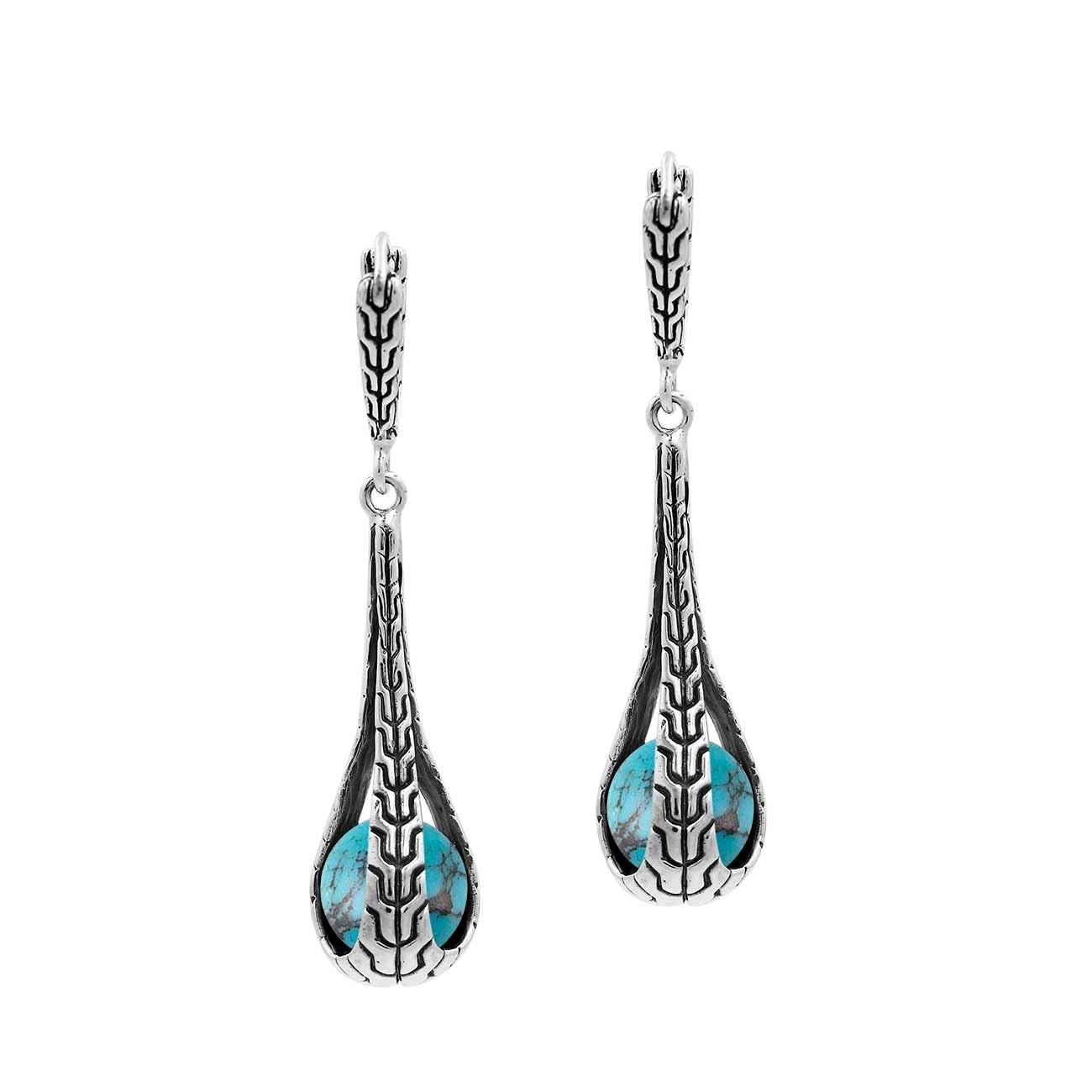 Sterling Silver Bali Handcrafted Drop Earrings With Turquoise Shell Inlay And Oxidized Finish
