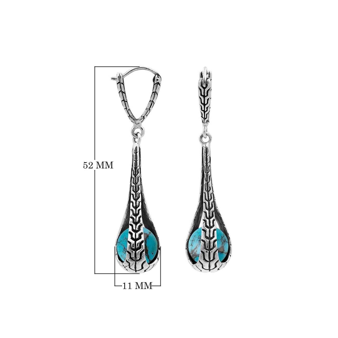 Sterling Silver Bali Handcrafted Drop Earrings With Turquoise Shell Inlay And Oxidized Finish