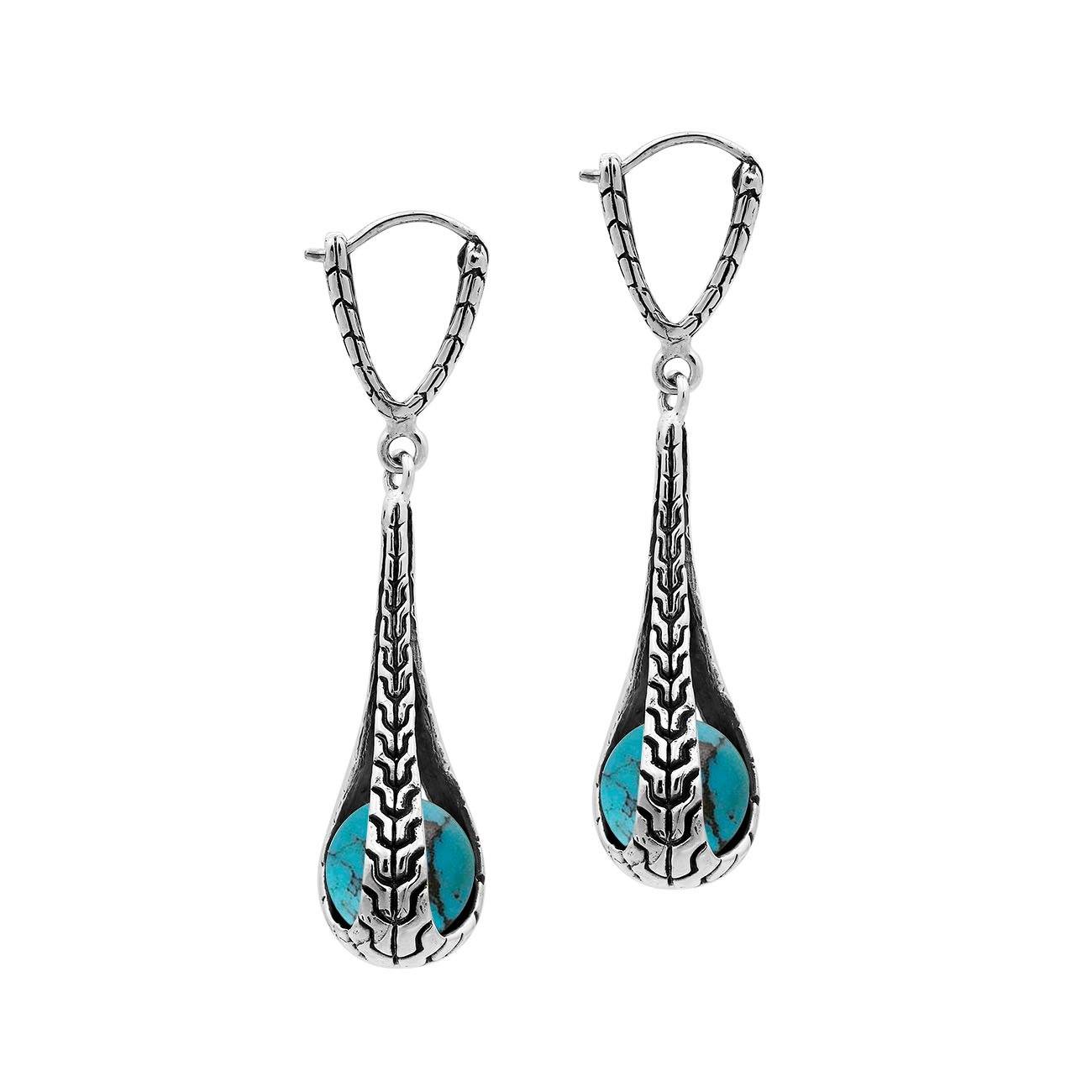 Sterling Silver Bali Handcrafted Drop Earrings With Turquoise Shell Inlay And Oxidized Finish