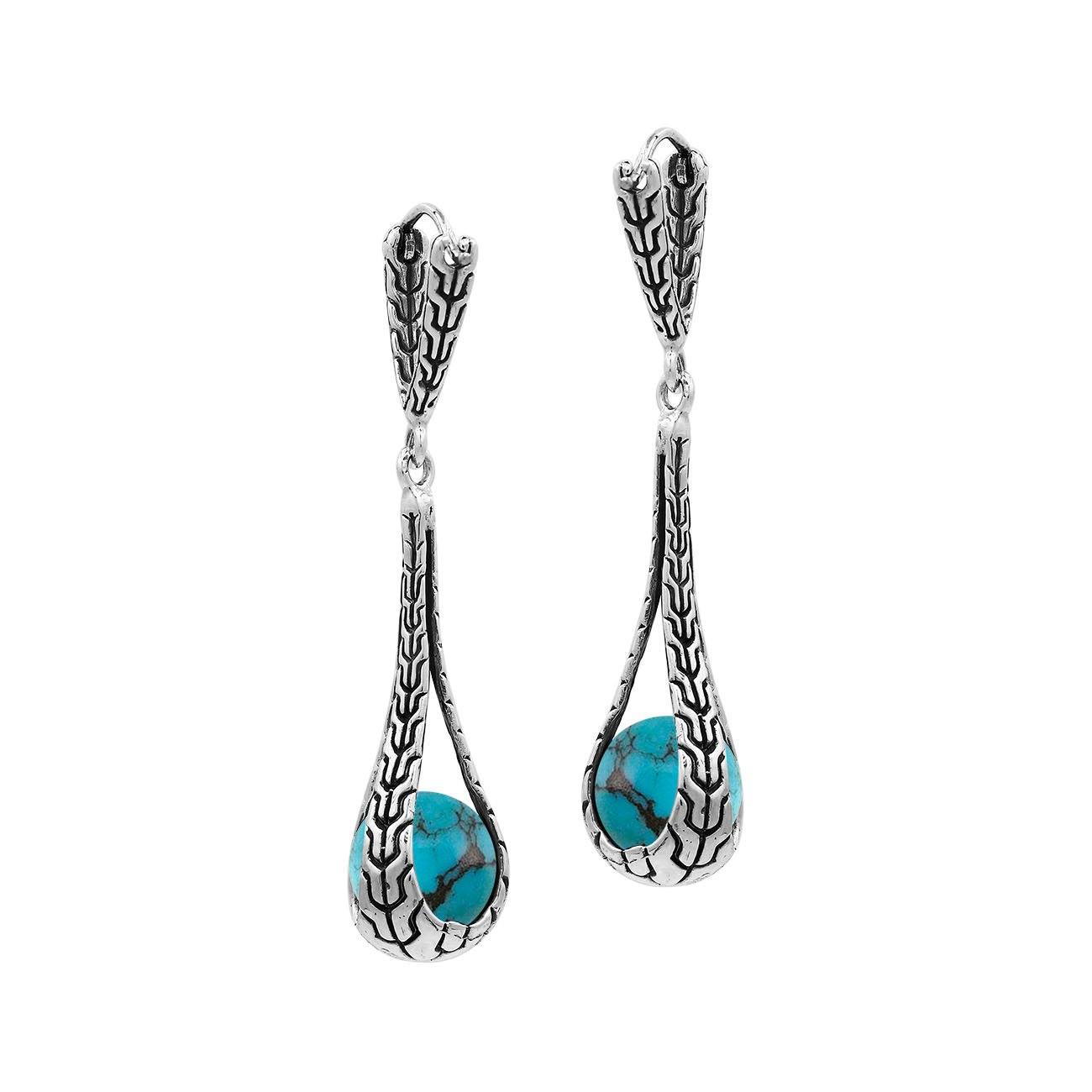 Sterling Silver Bali Handcrafted Drop Earrings With Turquoise Shell Inlay And Oxidized Finish