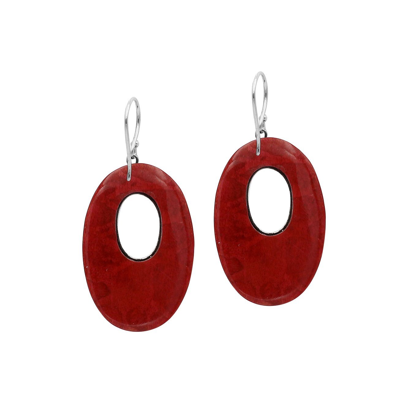 Sterling Silver Oval Earrings With Red Coral
