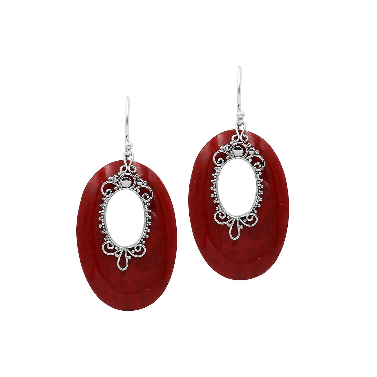 Sterling Silver Oval Earrings With Red Coral