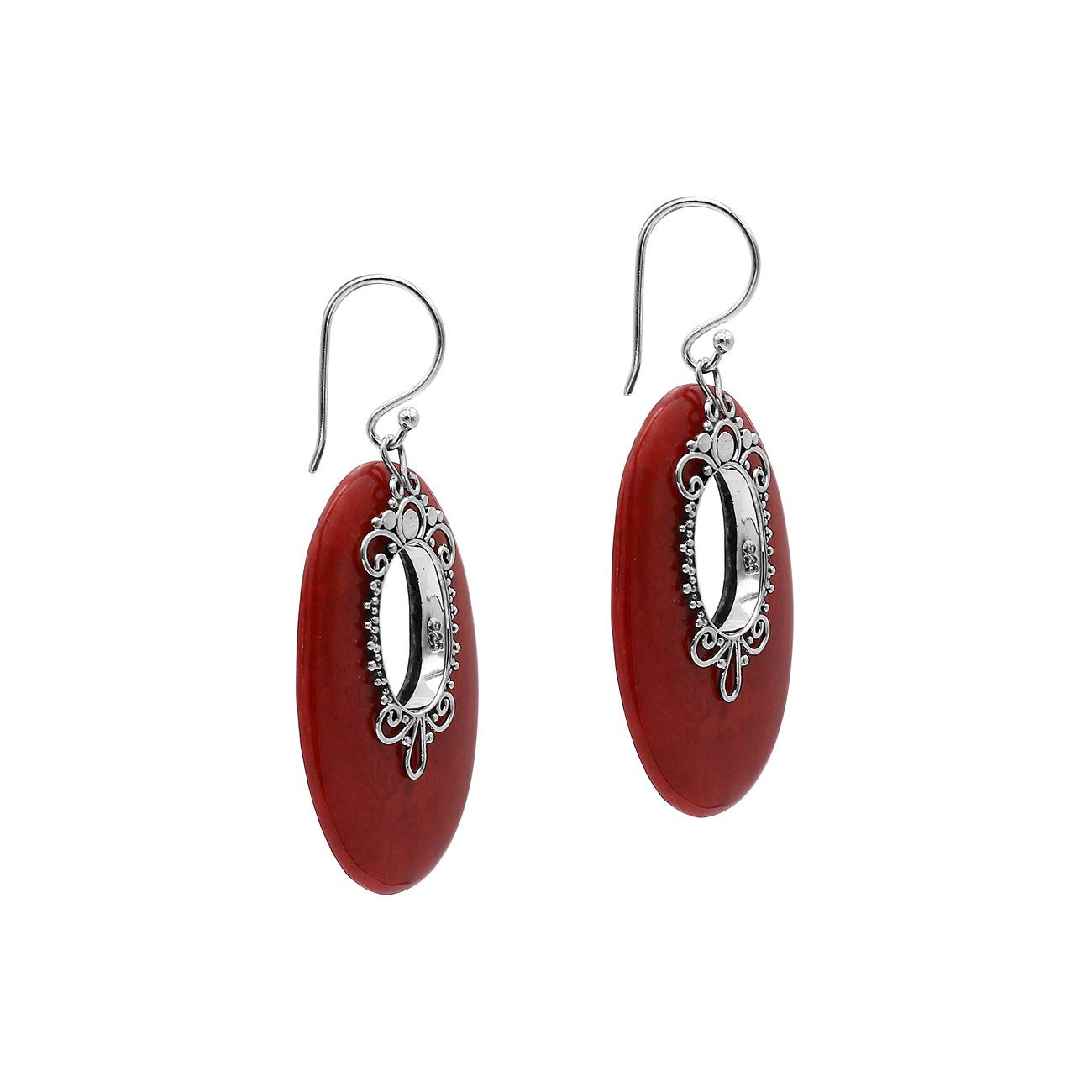 Sterling Silver Oval Earrings With Red Coral