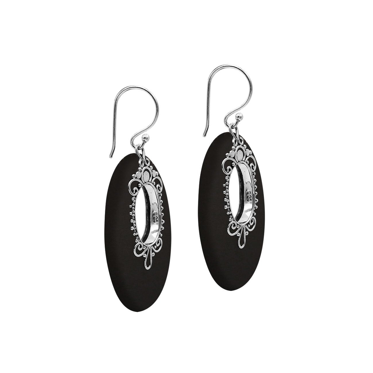 Sterling Silver Oval Earrings With Black Shell