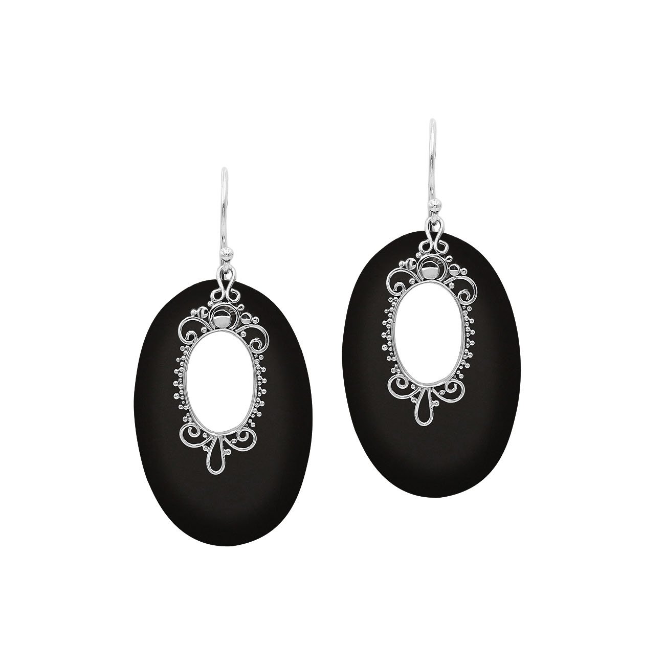 Sterling Silver Oval Earrings With Black Shell