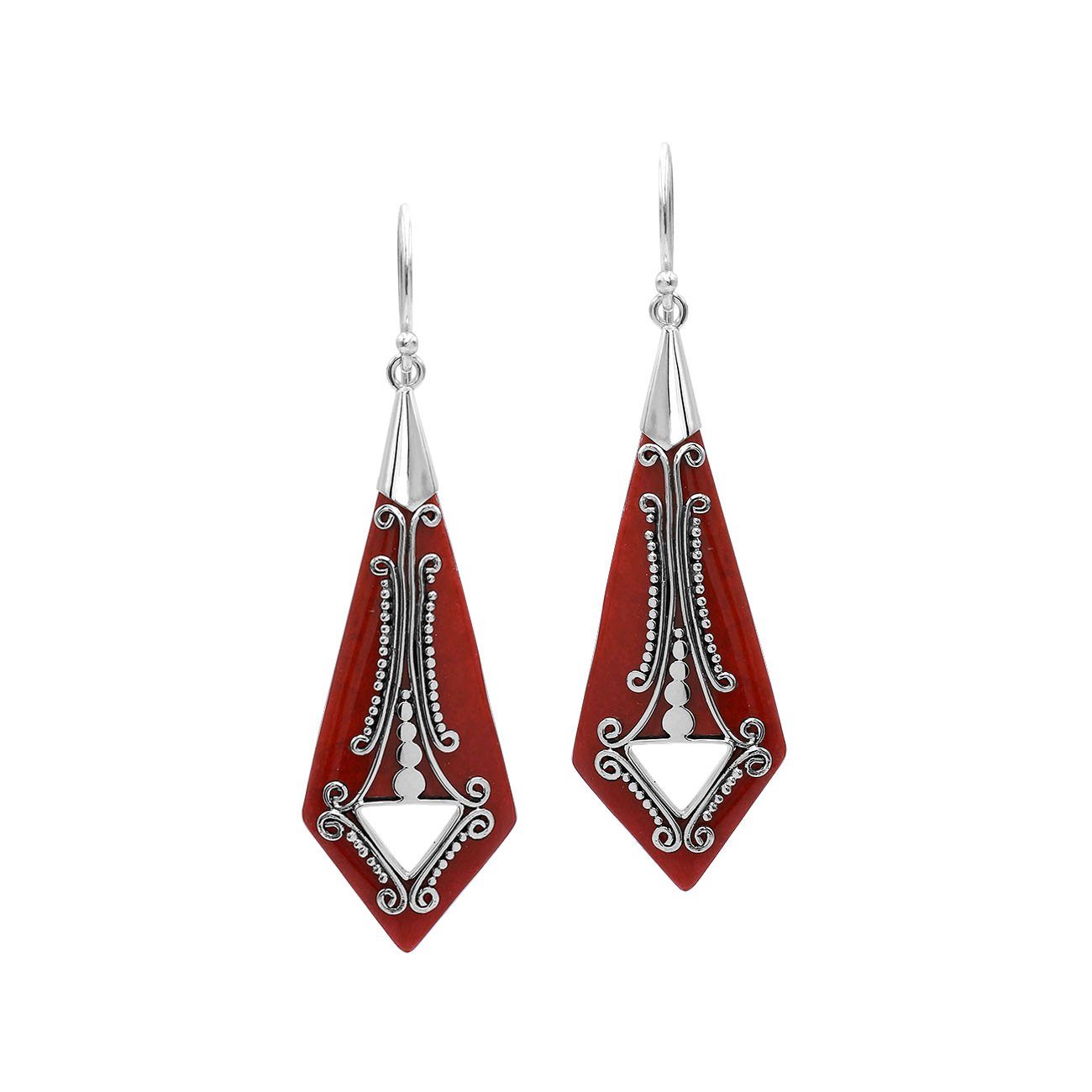 Silver elongated earrings with Red Coral and ornate scroll detailing