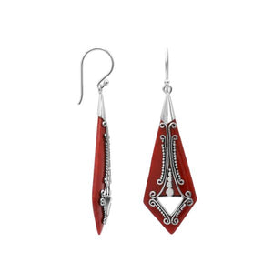 Silver elongated earrings with Red Coral and ornate scroll detailing