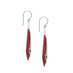 Silver elongated earrings with Red Coral and ornate scroll detailing