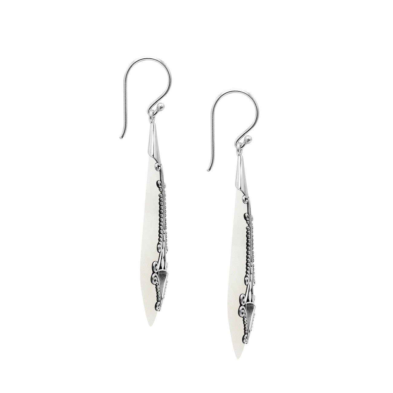 Silver elongated earrings with Mother Of Pearl and ornate scroll details