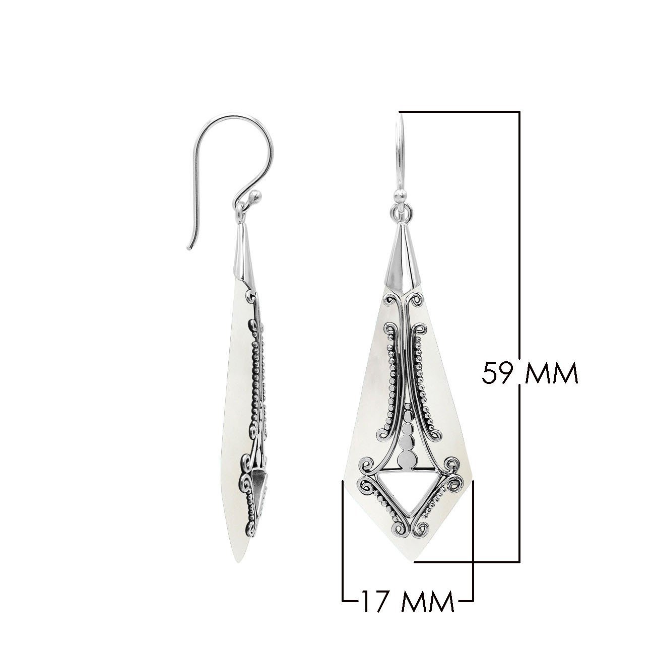 Silver elongated earrings with Mother Of Pearl and ornate scroll details