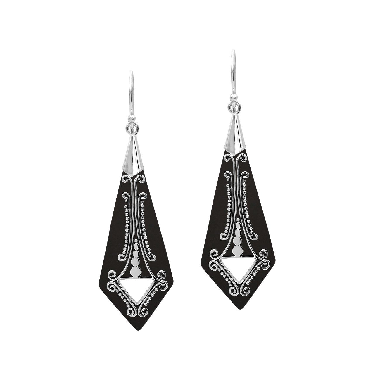 Silver elongated earrings with Black Shell and ornate scrollwork