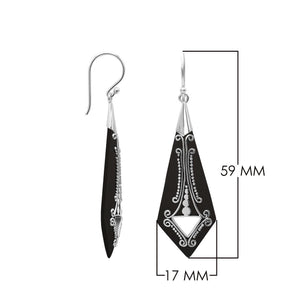 Silver elongated earrings with Black Shell and ornate scrollwork