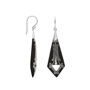 Silver elongated earrings with Black Shell and ornate scrollwork