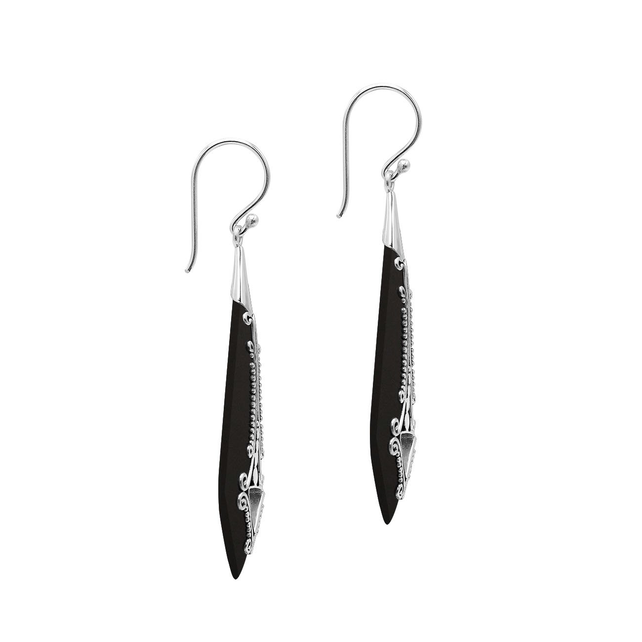 Silver elongated earrings with Black Shell and ornate scrollwork