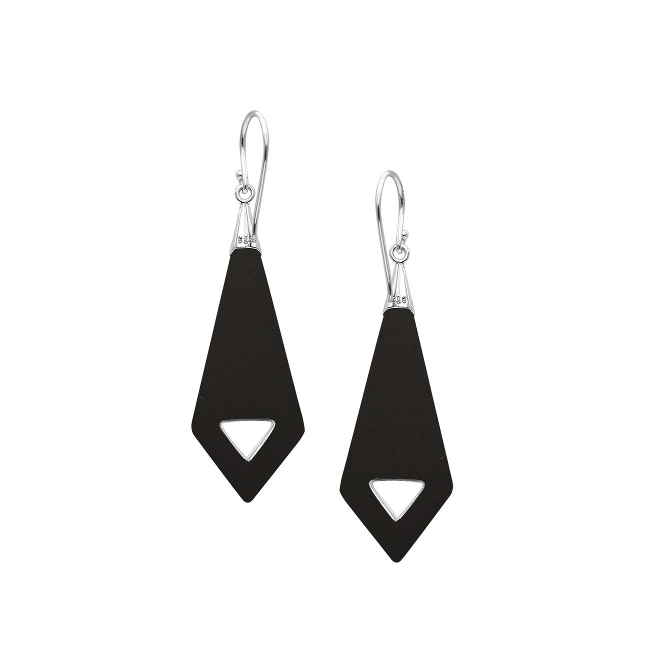 Silver elongated earrings with Black Shell and ornate scrollwork